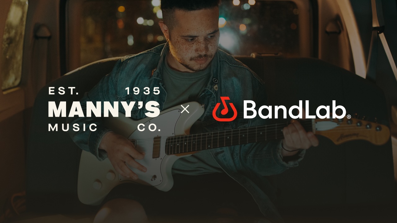 Man playing guitar with Manny's and BandLab logo overlayed