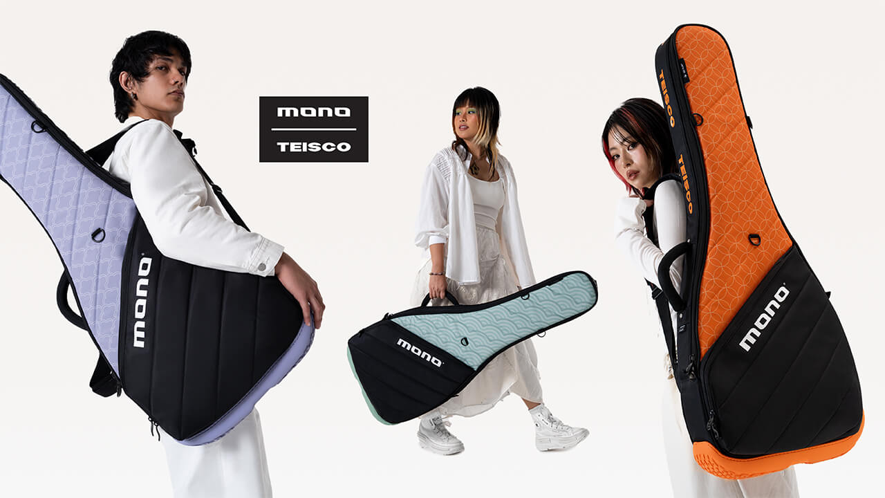 3 artists carrying MONO x Teisco guitar cases